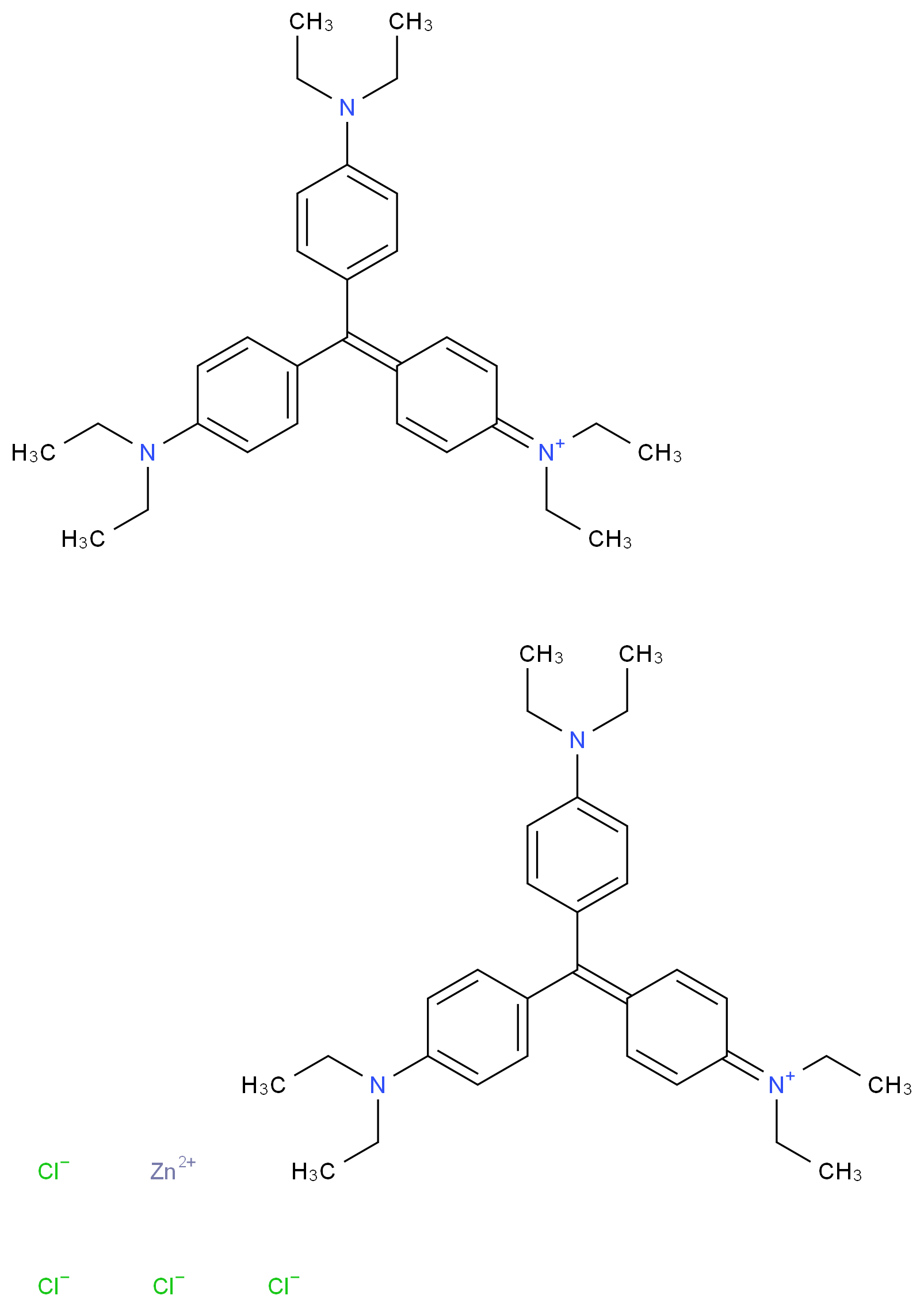 zinc(2+) ion bis(4-{bis[4-(diethylamino)phenyl]methylidene}-N,N-diethylcyclohexa-2,5-dien-1-iminium) tetrachloride_分子结构_CAS_65121-93-9