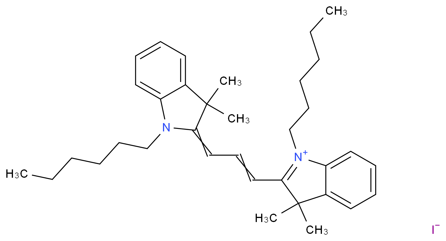 1-hexyl-2-[3-(1-hexyl-3,3-dimethyl-2,3-dihydro-1H-indol-2-ylidene)prop-1-en-1-yl]-3,3-dimethyl-3H-indol-1-ium iodide_分子结构_CAS_95646-75-6