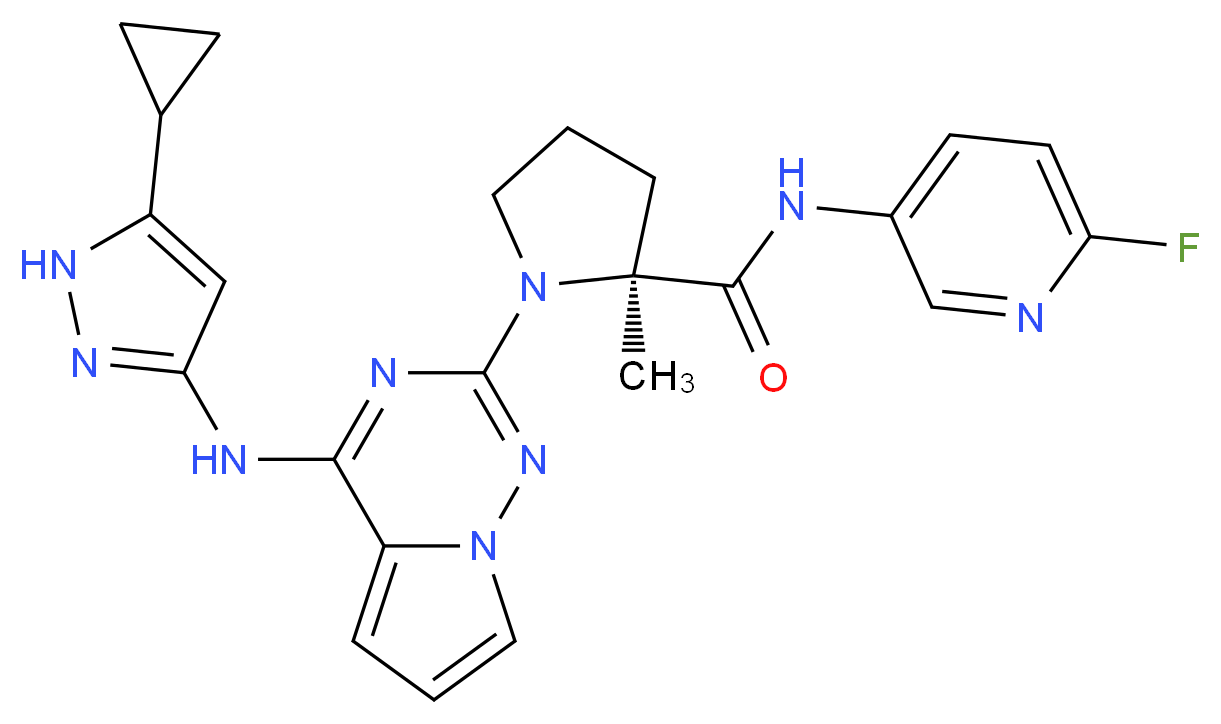 (2S)-1-{4-[(5-cyclopropyl-1H-pyrazol-3-yl)amino]pyrrolo[2,1-f][1,2,4]triazin-2-yl}-N-(6-fluoropyridin-3-yl)-2-methylpyrrolidine-2-carboxamide_分子结构_CAS_1001350-96-4
