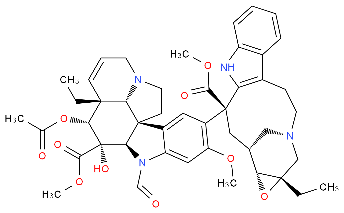 methyl (13S,15R,16R,18S)-13-[(1R,9R,10S,11R,12R,19R)-11-(acetyloxy)-12-ethyl-8-formyl-10-hydroxy-5-methoxy-10-(methoxycarbonyl)-8,16-diazapentacyclo[10.6.1.0<sup>1</sup>,<sup>9</sup>.0<sup>2</sup>,<sup>7</sup>.0<sup>1</sup><sup>6</sup>,<sup>1</sup><sup>9</sup>]nonadeca-2(7),3,5,13-tetraen-4-yl]-18-ethyl-17-oxa-1,11-diazapentacyclo[13.4.1.0<sup>4</sup>,<sup>1</sup><sup>2</sup>.0<sup>5</sup>,<sup>1</sup><sup>0</sup>.0<sup>1</sup><sup>6</sup>,<sup>1</sup><sup>8</sup>]icosa-4(12),5,7,9-tetraene-13-carboxylate_分子结构_CAS_54022-49-0