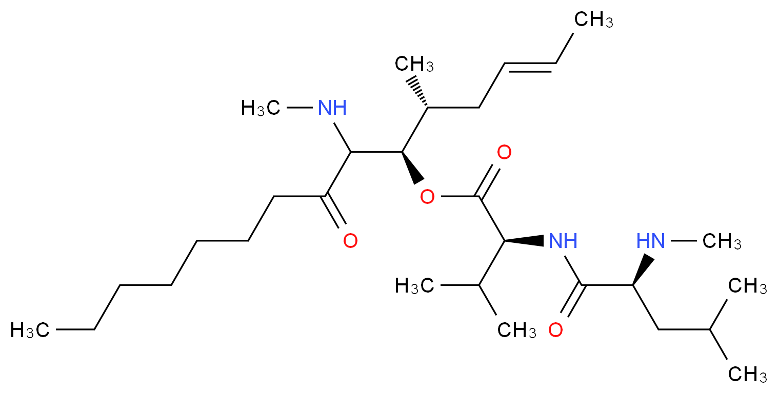 (2E,5R,6R)-5-methyl-7-(methylamino)-8-oxopentadec-2-en-6-yl (2S)-3-methyl-2-[(2S)-4-methyl-2-(methylamino)pentanamido]butanoate_分子结构_CAS_59865-16-6