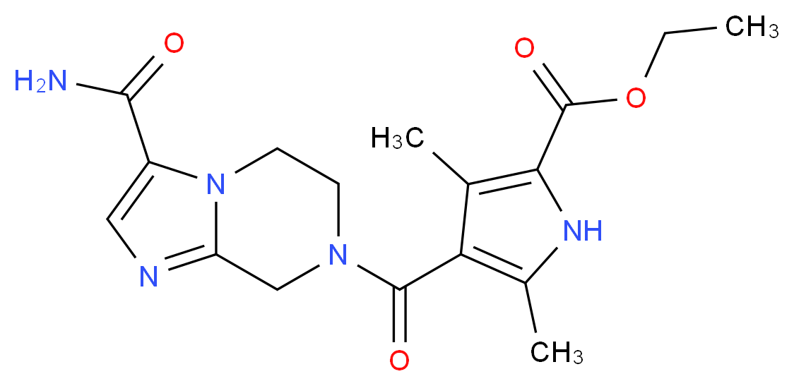 ethyl 4-{[3-(aminocarbonyl)-5,6-dihydroimidazo[1,2-a]pyrazin-7(8H)-yl]carbonyl}-3,5-dimethyl-1H-pyrrole-2-carboxylate_分子结构_CAS_)