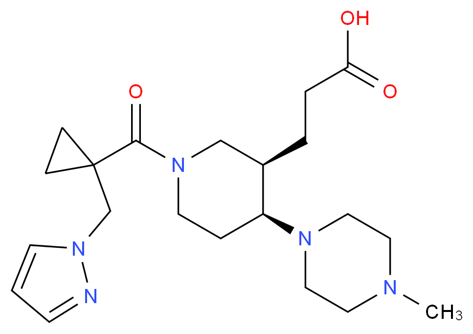 3-((3R*,4S*)-4-(4-methylpiperazin-1-yl)-1-{[1-(1H-pyrazol-1-ylmethyl)cyclopropyl]carbonyl}piperidin-3-yl)propanoic acid_分子结构_CAS_)