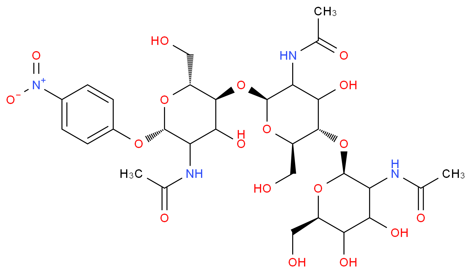 N-[(2S,5S,6R)-5-{[(2S,5S,6R)-3-acetamido-5-{[(2S,6R)-3-acetamido-4,5-dihydroxy-6-(hydroxymethyl)oxan-2-yl]oxy}-4-hydroxy-6-(hydroxymethyl)oxan-2-yl]oxy}-4-hydroxy-6-(hydroxymethyl)-2-(4-nitrophenoxy)oxan-3-yl]acetamide_分子结构_CAS_7699-38-9