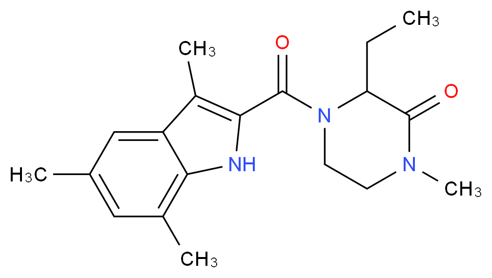3-ethyl-1-methyl-4-[(3,5,7-trimethyl-1H-indol-2-yl)carbonyl]-2-piperazinone_分子结构_CAS_)