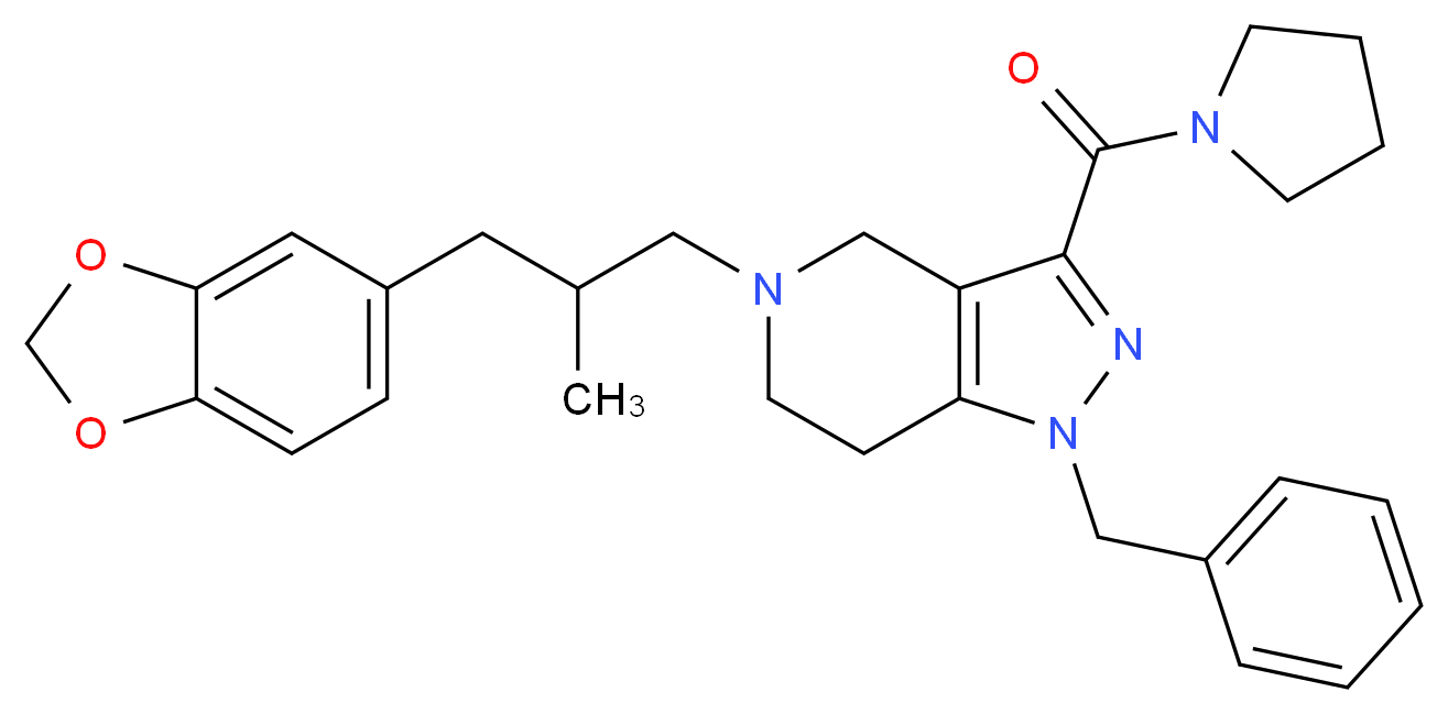 5-[3-(1,3-benzodioxol-5-yl)-2-methylpropyl]-1-benzyl-3-(1-pyrrolidinylcarbonyl)-4,5,6,7-tetrahydro-1H-pyrazolo[4,3-c]pyridine_分子结构_CAS_)