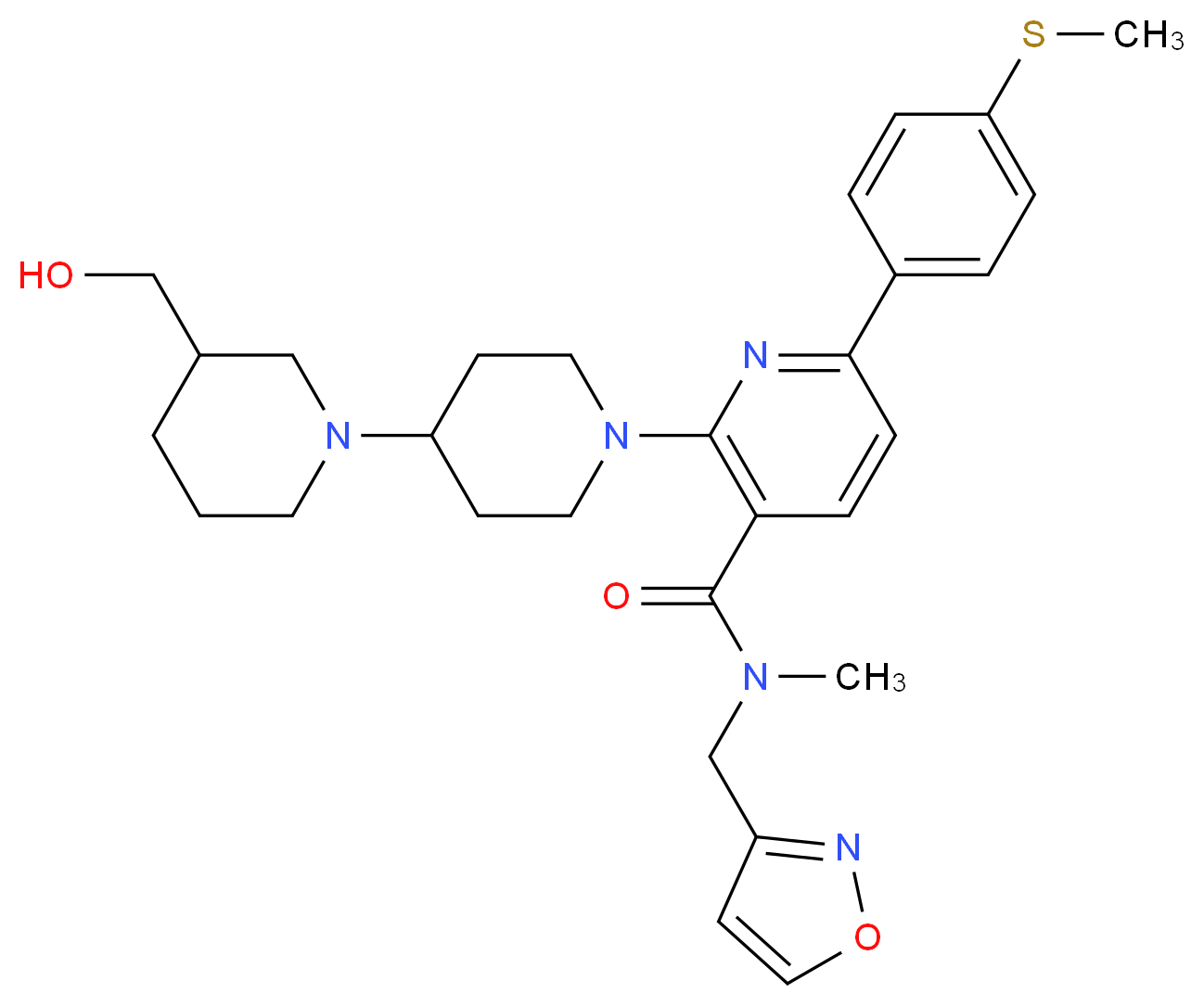 2-[3-(hydroxymethyl)-1,4'-bipiperidin-1'-yl]-N-(3-isoxazolylmethyl)-N-methyl-6-[4-(methylthio)phenyl]nicotinamide_分子结构_CAS_)