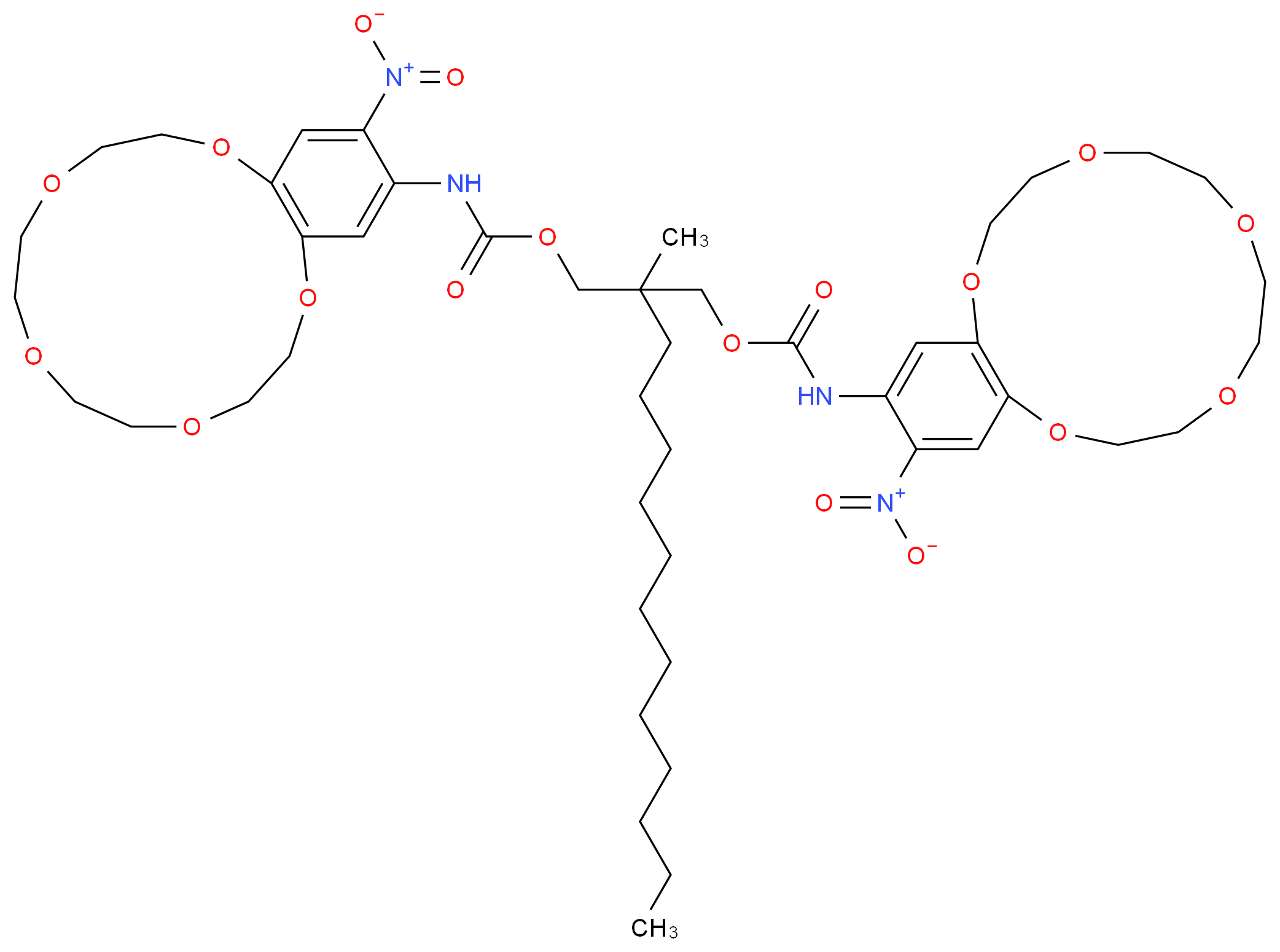 2-methyl-2-({[(16-nitro-2,3,5,6,8,9,11,12-octahydro-1,4,7,10,13-benzopentaoxacyclopentadecin-15-yl)carbamoyl]oxy}methyl)tetradecyl N-(16-nitro-2,3,5,6,8,9,11,12-octahydro-1,4,7,10,13-benzopentaoxacyclopentadecin-15-yl)carbamate_分子结构_CAS_99348-39-7