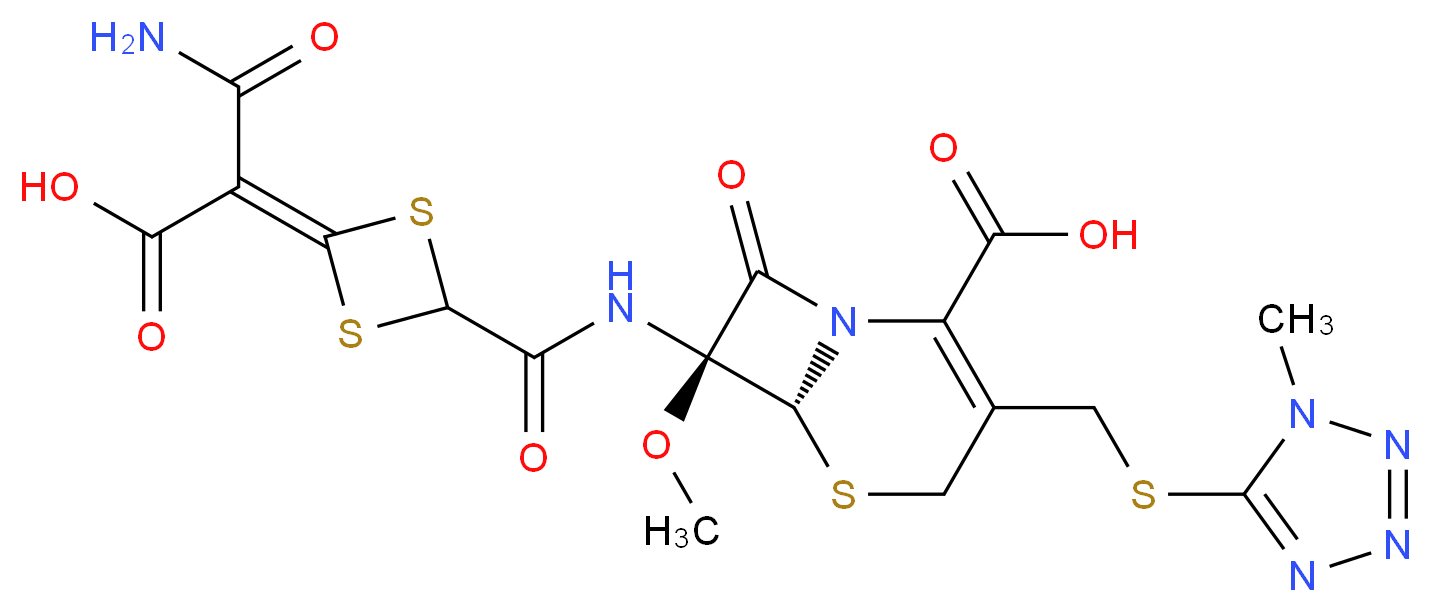 (6R,7S)-7-{4-[carbamoyl(carboxy)methylidene]-1,3-dithietane-2-amido}-7-methoxy-3-{[(1-methyl-1H-1,2,3,4-tetrazol-5-yl)sulfanyl]methyl}-8-oxo-5-thia-1-azabicyclo[4.2.0]oct-2-ene-2-carboxylic acid_分子结构_CAS_69712-56-7