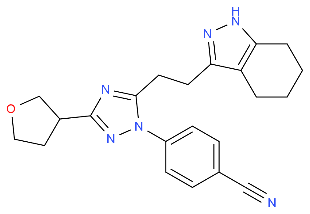 4-{3-(tetrahydrofuran-3-yl)-5-[2-(4,5,6,7-tetrahydro-1H-indazol-3-yl)ethyl]-1H-1,2,4-triazol-1-yl}benzonitrile_分子结构_CAS_)