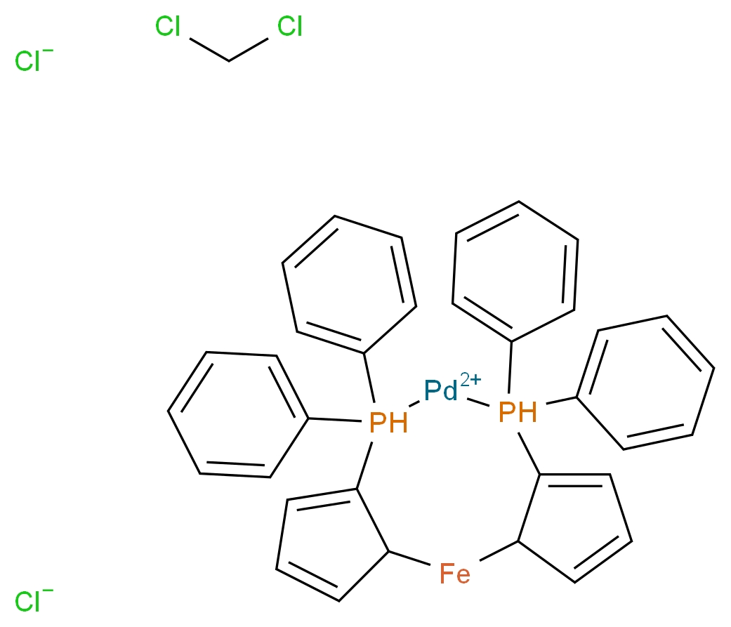8,8,10,10-tetraphenyl-8λ<sup>5</sup>,10λ<sup>5</sup>-diphospha-9-pallada-2-ferratricyclo[9.3.0.0<sup>3</sup>,<sup>7</sup>]tetradeca-4,6,11,13-tetraene-9,9-bis(ylium) dichloromethane dichloride_分子结构_CAS_95464-05-4