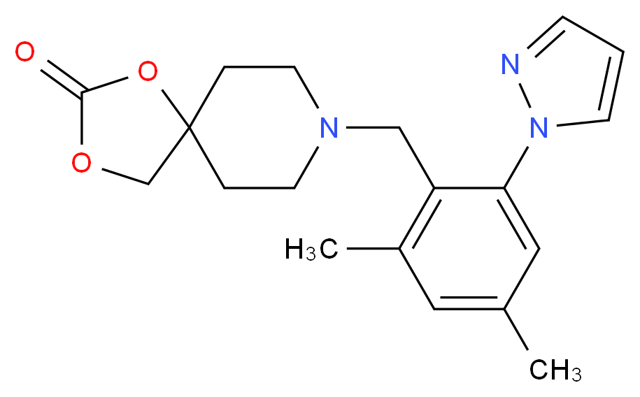 8-[2,4-dimethyl-6-(1H-pyrazol-1-yl)benzyl]-1,3-dioxa-8-azaspiro[4.5]decan-2-one_分子结构_CAS_)