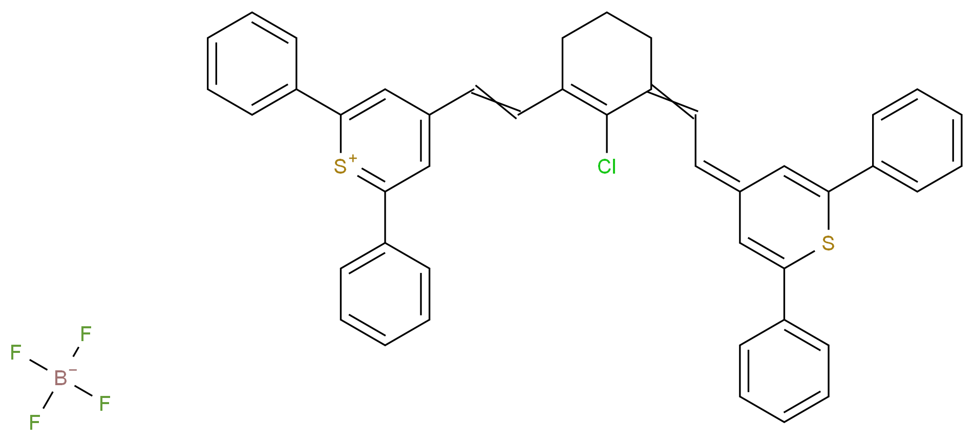 4-(2-{2-chloro-3-[2-(2,6-diphenyl-4H-thiopyran-4-ylidene)ethylidene]cyclohex-1-en-1-yl}ethenyl)-2,6-diphenyl-1λ<sup>4</sup>-thiopyran-1-ylium; tetrafluoroboranuide_分子结构_CAS_155614-01-0