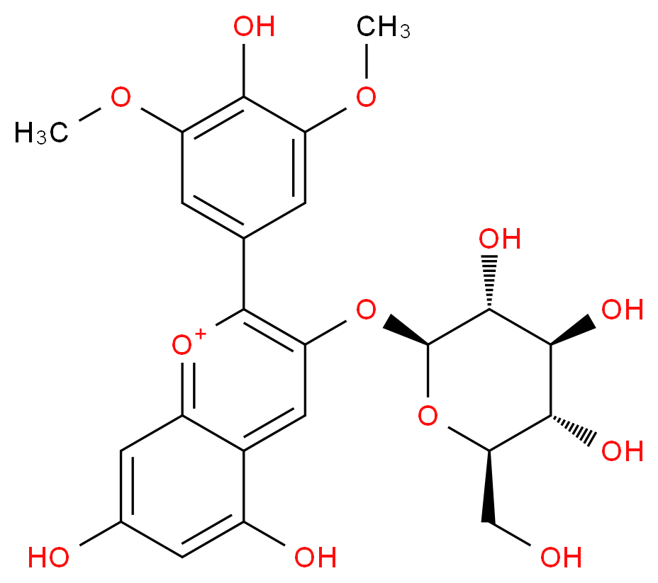 5,7-dihydroxy-2-(4-hydroxy-3,5-dimethoxyphenyl)-3-{[(2S,3R,4S,5S,6R)-3,4,5-trihydroxy-6-(hydroxymethyl)oxan-2-yl]oxy}-1λ<sup>4</sup>-chromen-1-ylium_分子结构_CAS_7228-78-6