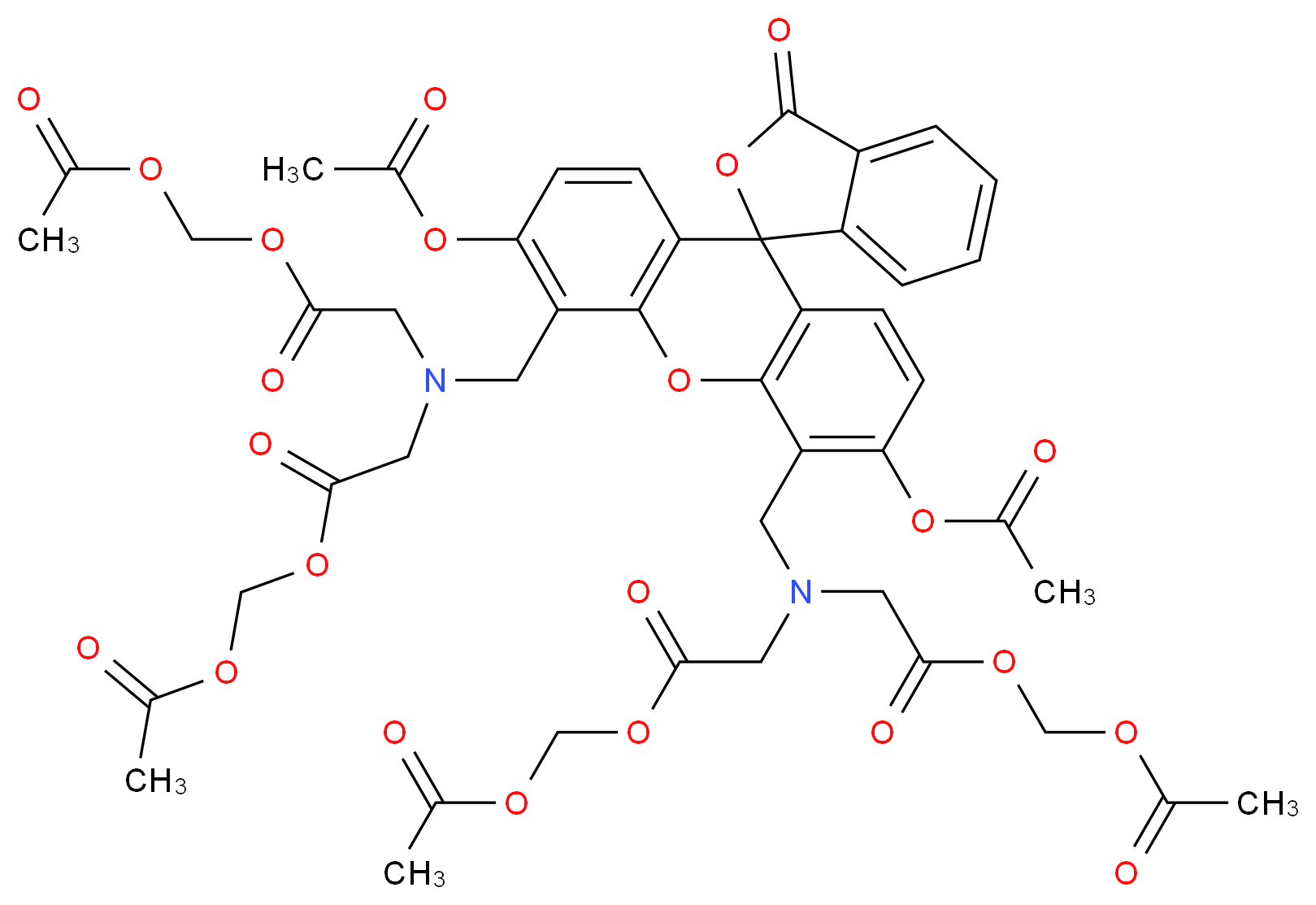 (acetyloxy)methyl 2-({2-[(acetyloxy)methoxy]-2-oxoethyl}[3',6'-bis(acetyloxy)-5'-{[bis({2-[(acetyloxy)methoxy]-2-oxoethyl})amino]methyl}-3-oxo-3H-spiro[2-benzofuran-1,9'-xanthene]-4'-ylmethyl]amino)acetate_分子结构_CAS_148504-34-1