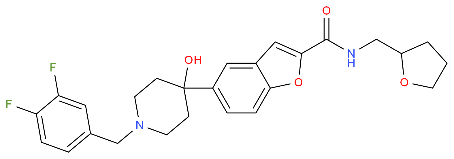 5-[1-(3,4-difluorobenzyl)-4-hydroxy-4-piperidinyl]-N-(tetrahydro-2-furanylmethyl)-1-benzofuran-2-carboxamide_分子结构_CAS_)