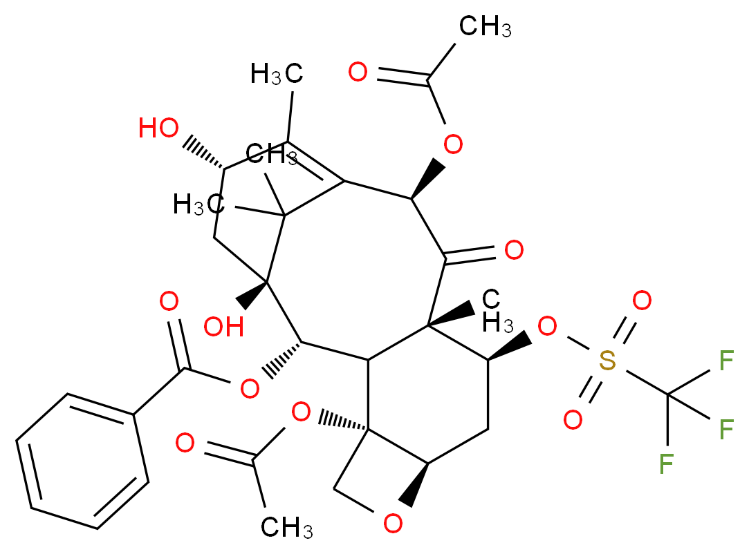 (1S,2S,3R,4S,7R,9S,10S,12R,15S)-4,12-bis(acetyloxy)-1,15-dihydroxy-10,14,17,17-tetramethyl-11-oxo-9-(trifluoromethanesulfonyloxy)-6-oxatetracyclo[11.3.1.0<sup>3</sup>,<sup>1</sup><sup>0</sup>.0<sup>4</sup>,<sup>7</sup>]heptadec-13-en-2-yl benzoate_分子结构_CAS_158811-19-9