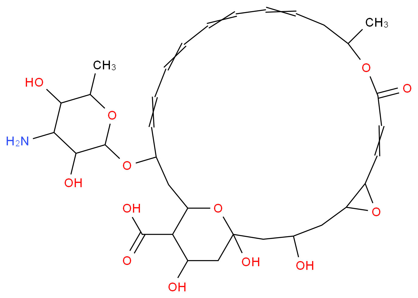 22-[(4-amino-3,5-dihydroxy-6-methyloxan-2-yl)oxy]-1,3,26-trihydroxy-12-methyl-10-oxo-6,11,28-trioxatricyclo[22.3.1.0^{5,7}]octacosa-8,14,16,18,20-pentaene-25-carboxylic acid_分子结构_CAS_7681-93-8