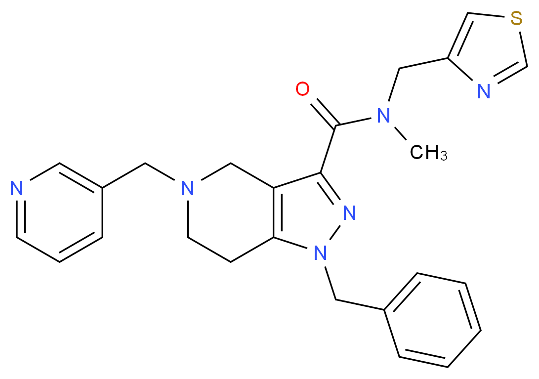 1-benzyl-N-methyl-5-(3-pyridinylmethyl)-N-(1,3-thiazol-4-ylmethyl)-4,5,6,7-tetrahydro-1H-pyrazolo[4,3-c]pyridine-3-carboxamide_分子结构_CAS_)