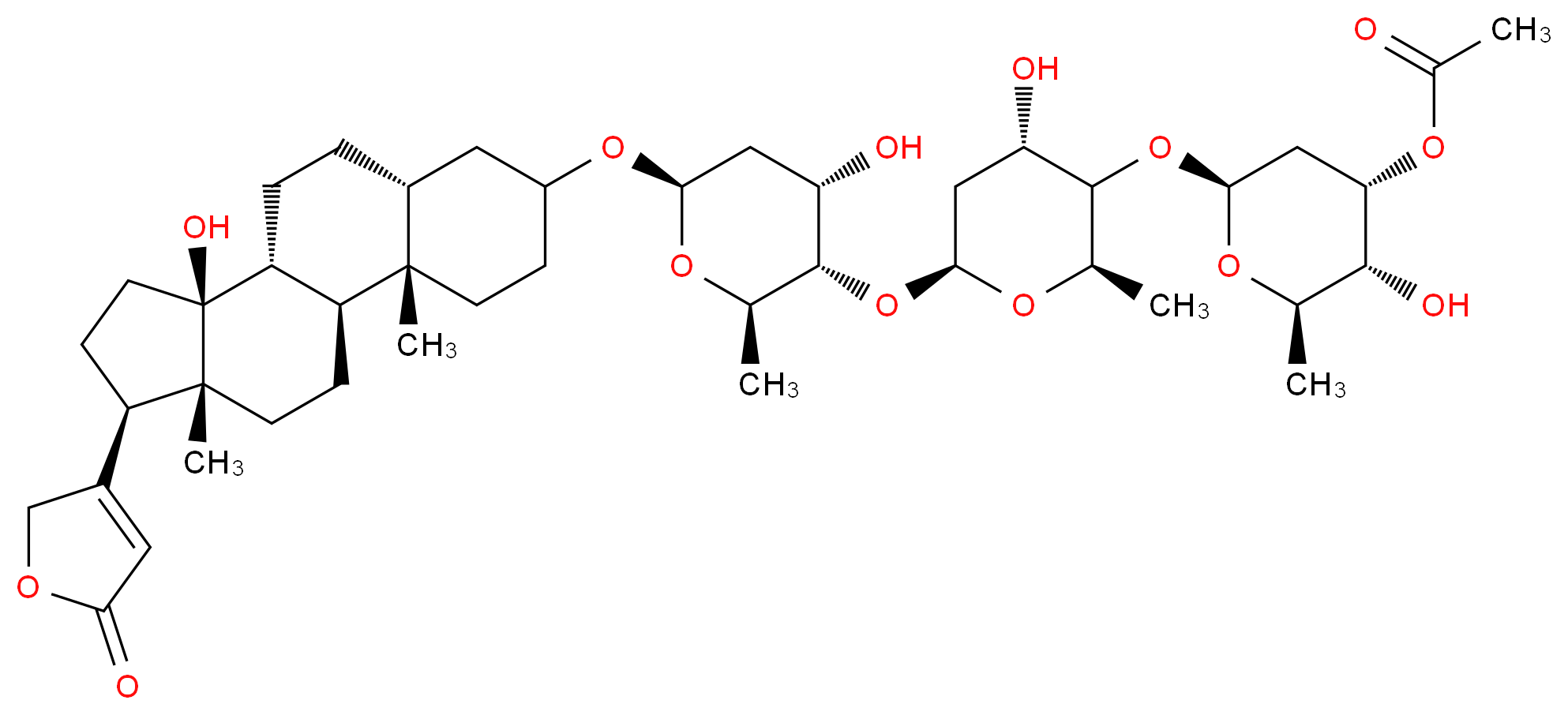 (2R,3R,4S,6S)-3-hydroxy-6-{[(2R,4S,6S)-4-hydroxy-6-{[(2R,3S,4S,6R)-4-hydroxy-6-{[(1S,2S,7R,10R,11S,14R,15R)-11-hydroxy-2,15-dimethyl-14-(5-oxo-2,5-dihydrofuran-3-yl)tetracyclo[8.7.0.0^{2,7}.0^{11,15}]heptadecan-5-yl]oxy}-2-methyloxan-3-yl]oxy}-2-methyloxan-3-yl]oxy}-2-methyloxan-4-yl acetate_分子结构_CAS_25395-32-8