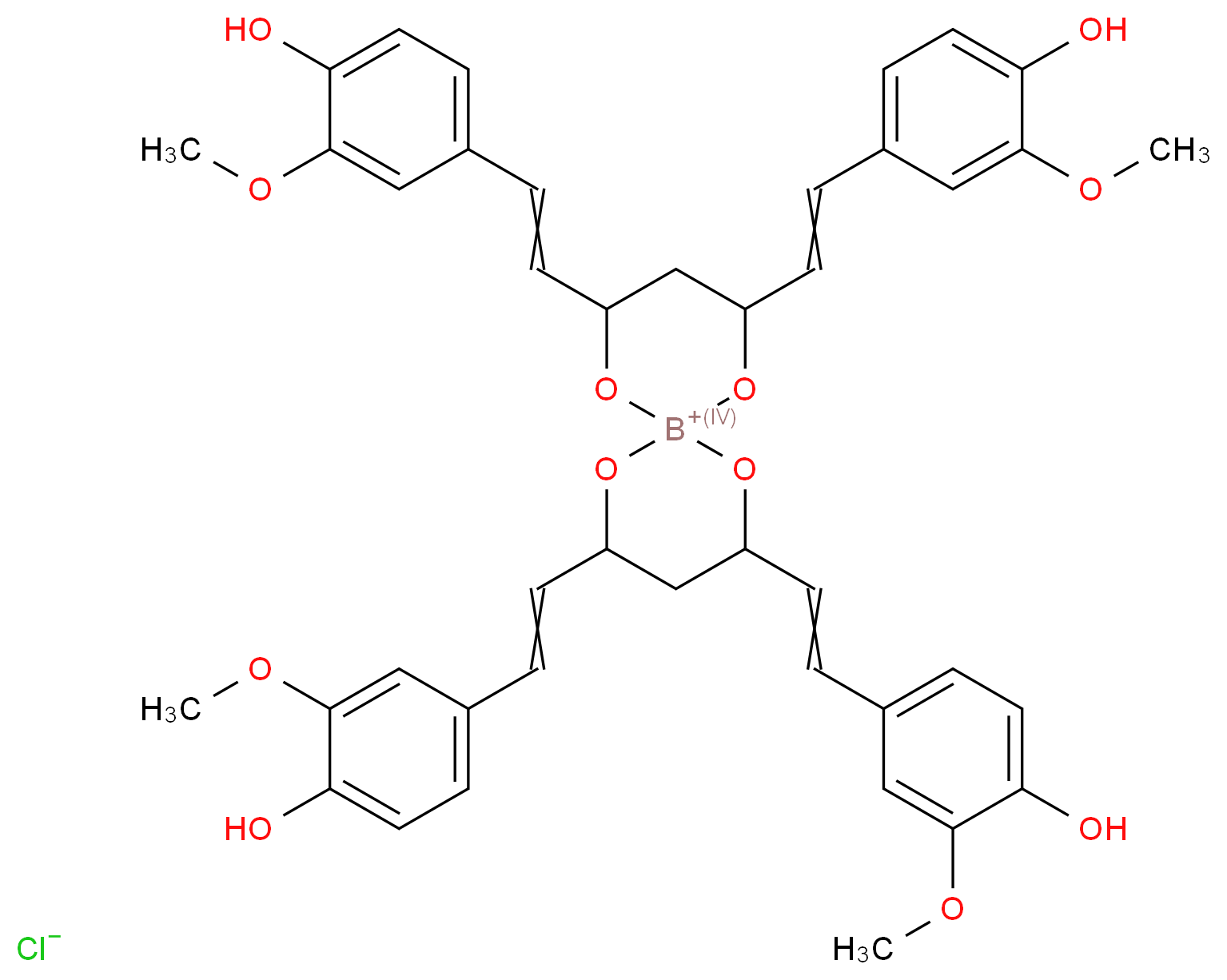 2,4,8,10-tetrakis[2-(4-hydroxy-3-methoxyphenyl)ethenyl]-1,5,7,11-tetraoxa-6λ<sup>5</sup>-boraspiro[5.5]undecan-6-ylium chloride_分子结构_CAS_37204-72-1