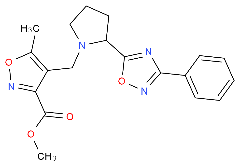 methyl 5-methyl-4-{[2-(3-phenyl-1,2,4-oxadiazol-5-yl)-1-pyrrolidinyl]methyl}-3-isoxazolecarboxylate_分子结构_CAS_)