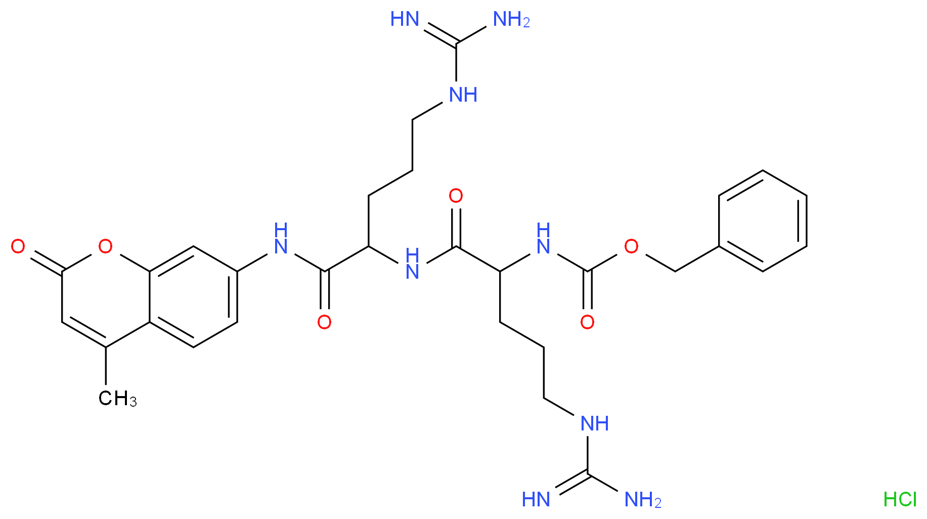 benzyl N-[4-carbamimidamido-1-({4-carbamimidamido-1-[(4-methyl-2-oxo-2H-chromen-7-yl)carbamoyl]butyl}carbamoyl)butyl]carbamate hydrochloride_分子结构_CAS_136132-67-7