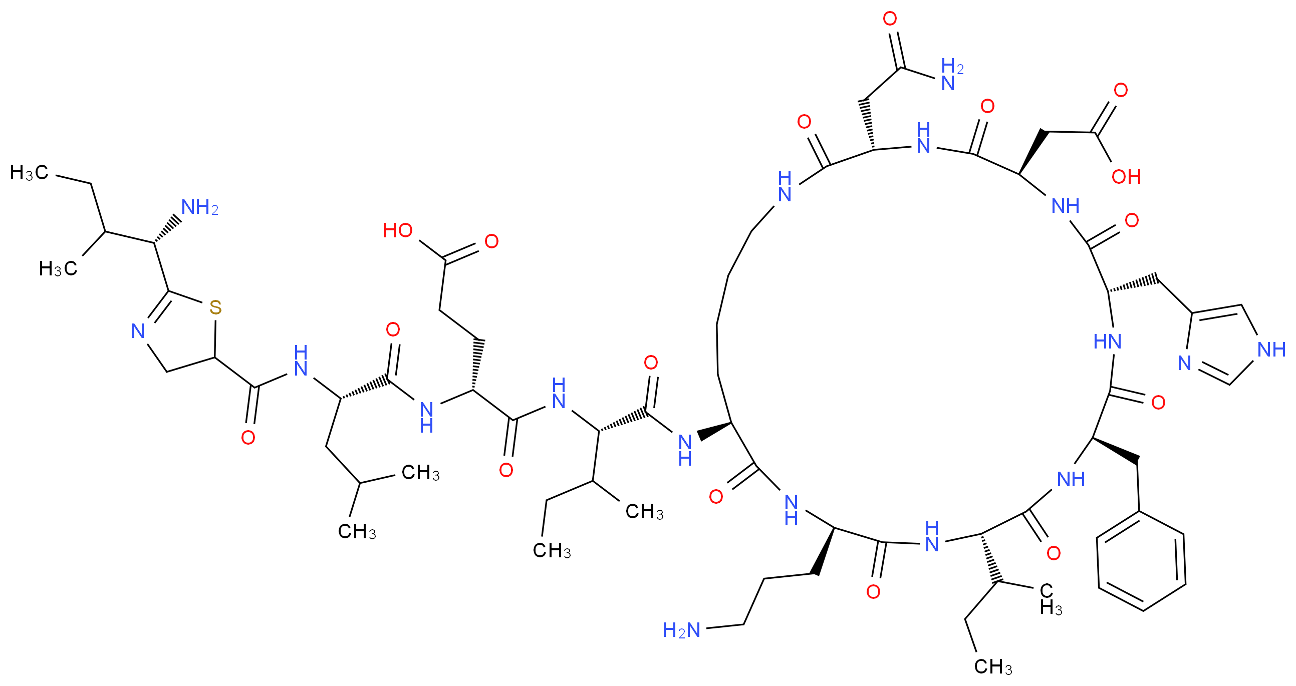 (4R)-4-[(2S)-2-({2-[(1S)-1-amino-2-methylbutyl]-4,5-dihydro-1,3-thiazol-5-yl}formamido)-4-methylpentanamido]-4-{[(1S)-1-{[(3S,6R,9S,12R,15S,18R,21S)-18-(3-aminopropyl)-12-benzyl-15-(butan-2-yl)-3-(carbamoylmethyl)-6-(carboxymethyl)-9-(1H-imidazol-4-ylmethyl)-2,5,8,11,14,17,20-heptaoxo-1,4,7,10,13,16,19-heptaazacyclopentacosan-21-yl]carbamoyl}-2-methylbutyl]carbamoyl}butanoic acid_分子结构_CAS_1405-87-4