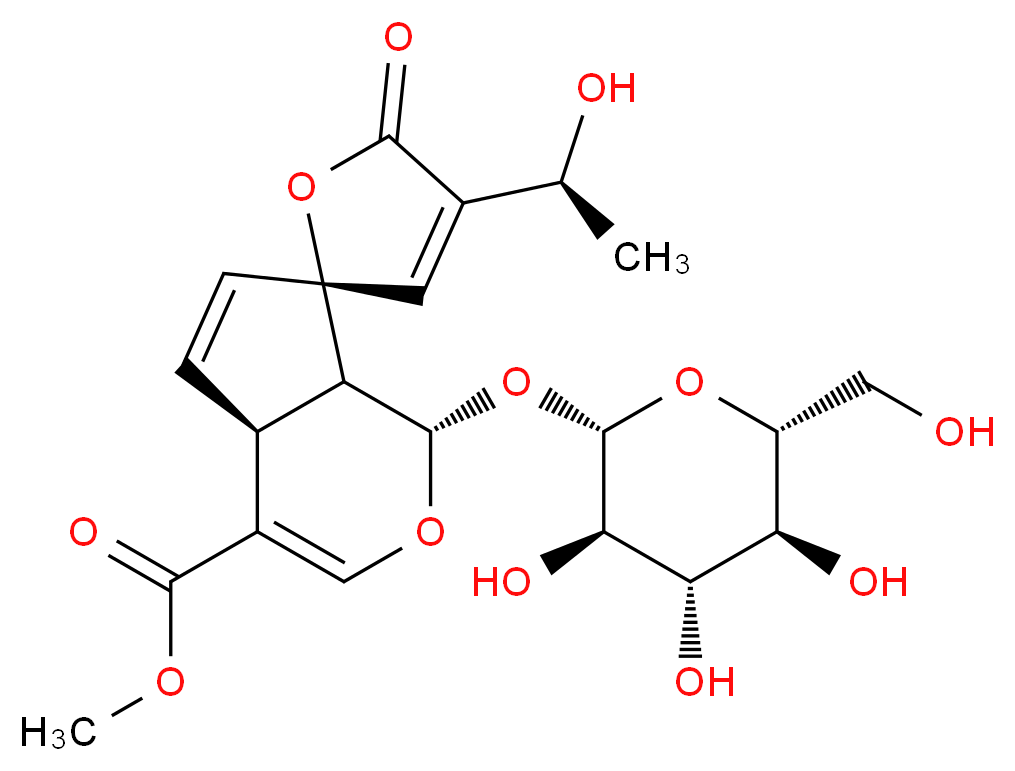 methyl (1S,4aS,7R,7aS)-4'-[(1S)-1-hydroxyethyl]-5'-oxo-1-{[(2S,3R,4S,5S,6R)-3,4,5-trihydroxy-6-(hydroxymethyl)oxan-2-yl]oxy}-4a,7a-dihydro-1H,5'H-spiro[cyclopenta[c]pyran-7,2'-furan]-4-carboxylate_分子结构_CAS_511-89-7