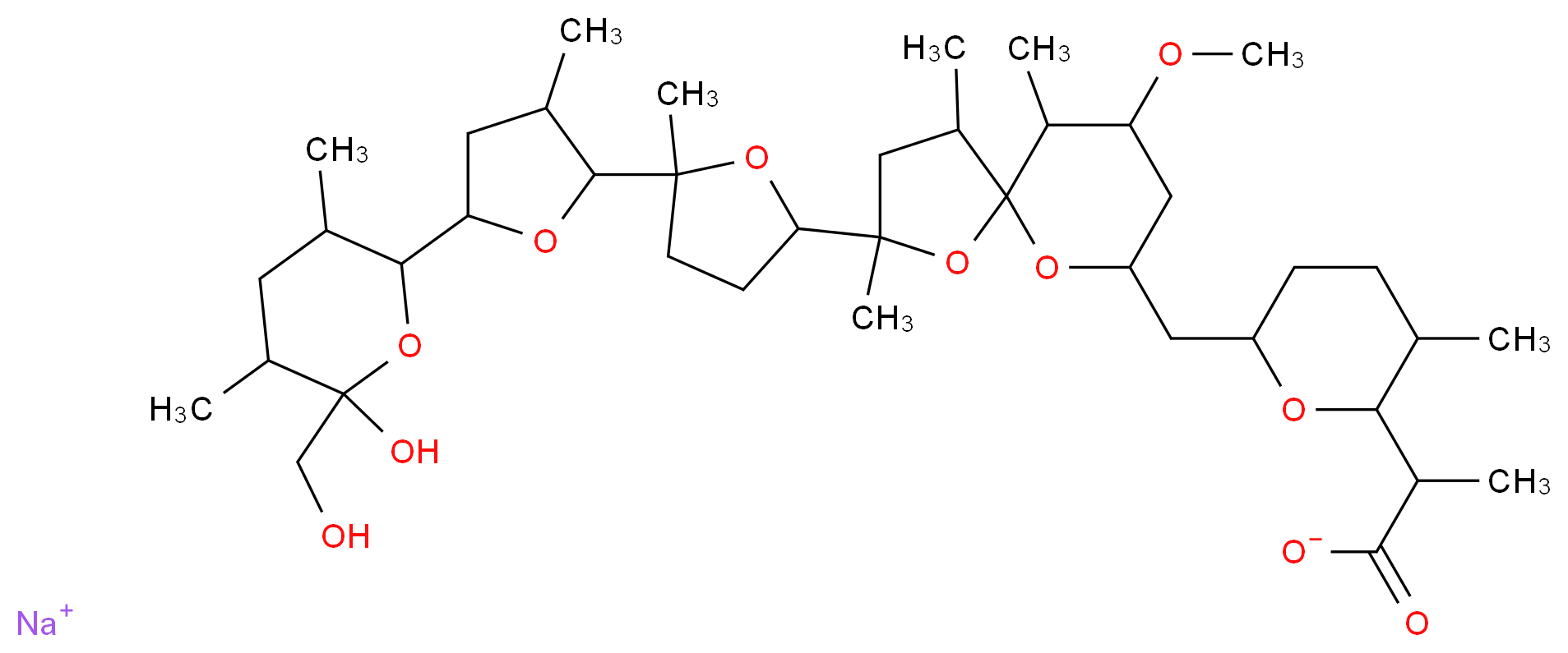 sodium 2-(6-{[2-(5-{5-[6-hydroxy-6-(hydroxymethyl)-3,5-dimethyloxan-2-yl]-3-methyloxolan-2-yl}-5-methyloxolan-2-yl)-9-methoxy-2,4,10-trimethyl-1,6-dioxaspiro[4.5]decan-7-yl]methyl}-3-methyloxan-2-yl)propanoate_分子结构_CAS_28380-24-7