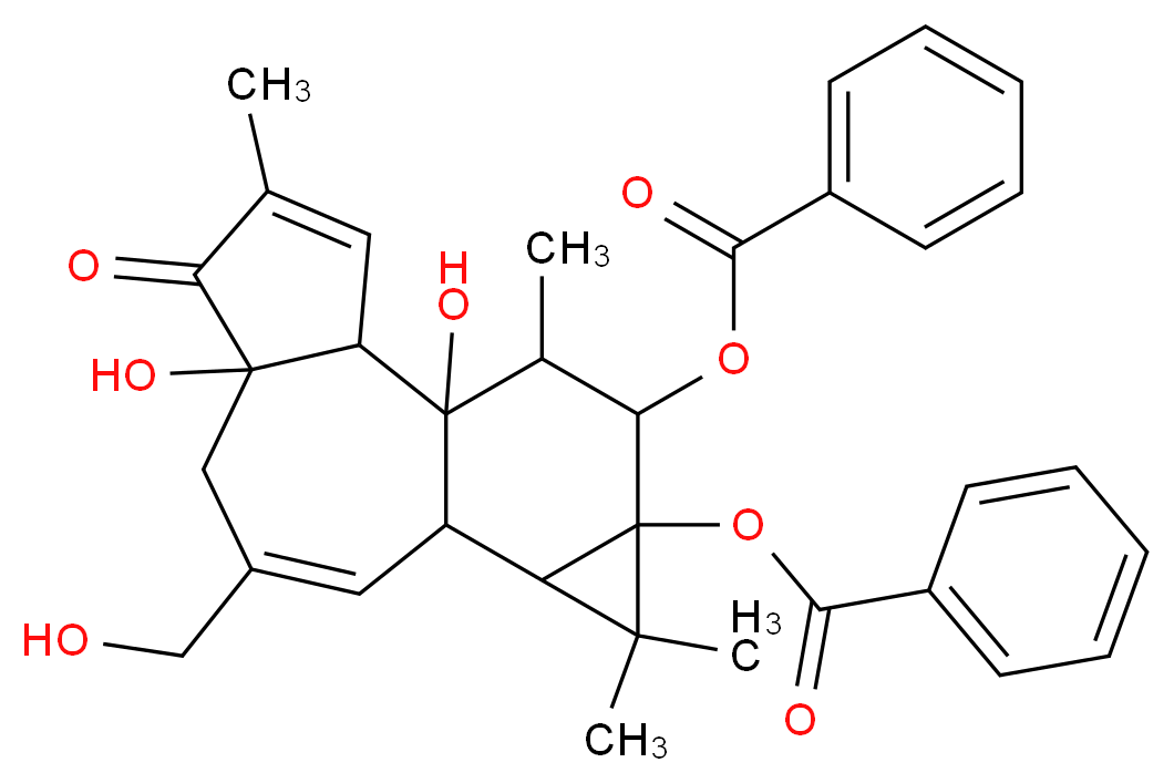 13-(benzoyloxy)-1,6-dihydroxy-8-(hydroxymethyl)-4,12,12,15-tetramethyl-5-oxotetracyclo[8.5.0.0^{2,6}.0^{11,13}]pentadeca-3,8-dien-14-yl benzoate_分子结构_CAS_25405-85-0