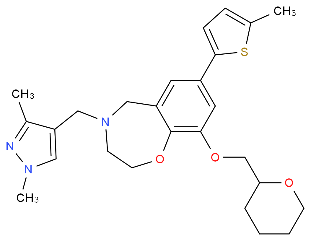 4-[(1,3-dimethyl-1H-pyrazol-4-yl)methyl]-7-(5-methyl-2-thienyl)-9-(tetrahydro-2H-pyran-2-ylmethoxy)-2,3,4,5-tetrahydro-1,4-benzoxazepine_分子结构_CAS_)