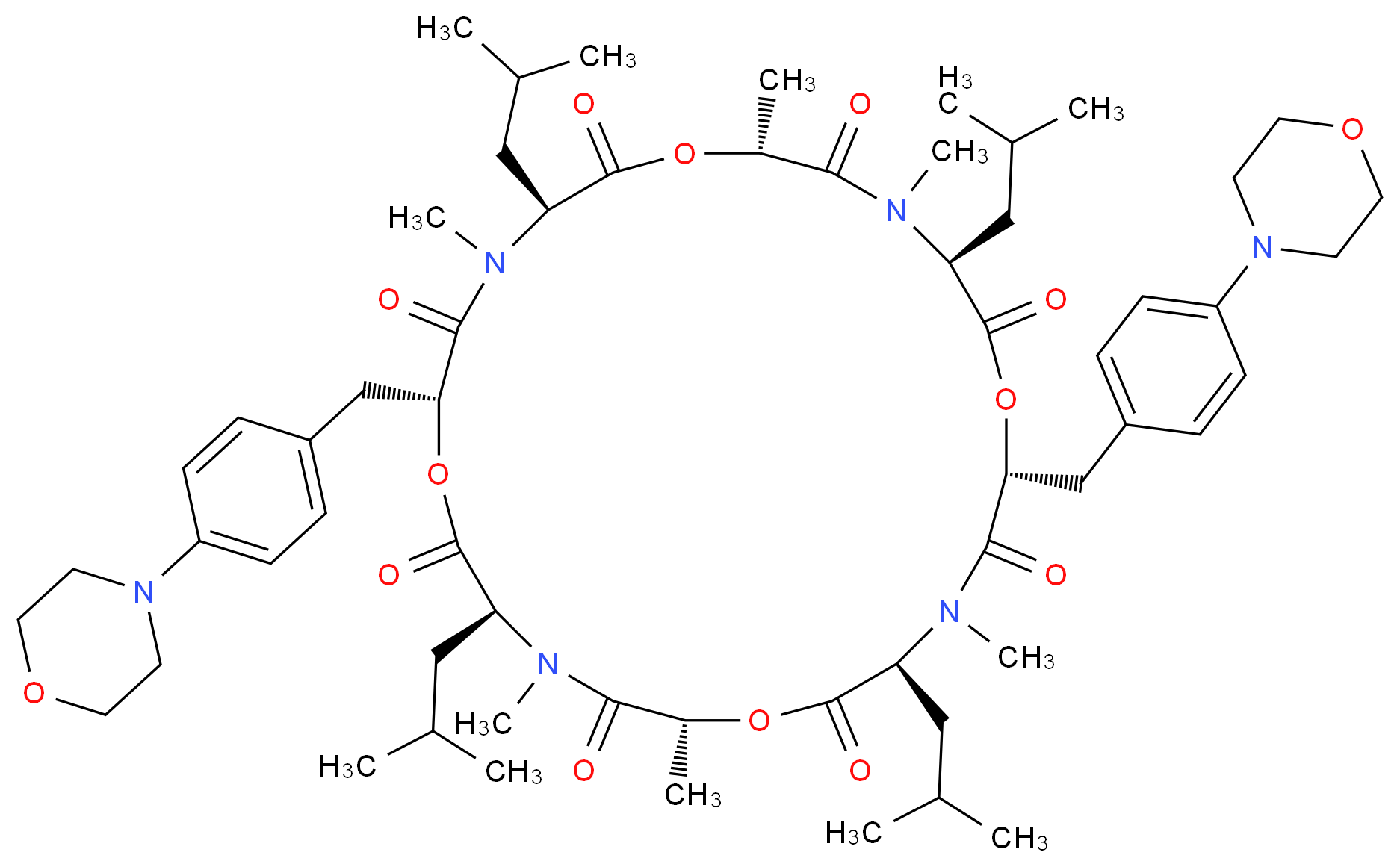 (3S,6R,9S,12R,15S,18R,21S,24R)-4,6,10,16,18,22-hexamethyl-3,9,15,21-tetrakis(2-methylpropyl)-12,24-bis({[4-(morpholin-4-yl)phenyl]methyl})-1,7,13,19-tetraoxa-4,10,16,22-tetraazacyclotetracosan-2,5,8,11,14,17,20,23-octone_分子结构_CAS_155030-63-0