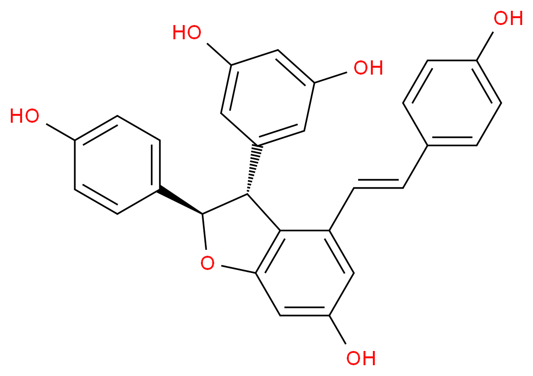 5-[(2R,3R)-6-hydroxy-2-(4-hydroxyphenyl)-4-[(E)-2-(4-hydroxyphenyl)ethenyl]-2,3-dihydro-1-benzofuran-3-yl]benzene-1,3-diol_分子结构_CAS_62218-08-0