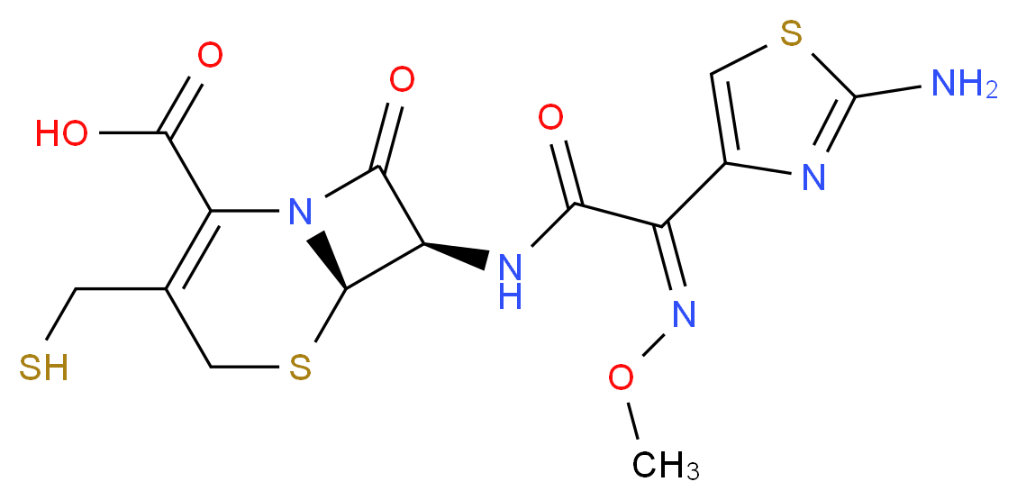 (6R,7R)-7-[(2Z)-2-(2-amino-1,3-thiazol-4-yl)-2-(methoxyimino)acetamido]-8-oxo-3-(sulfanylmethyl)-5-thia-1-azabicyclo[4.2.0]oct-2-ene-2-carboxylic acid_分子结构_CAS_120882-22-6