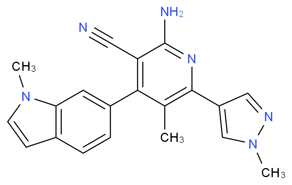 2-amino-5-methyl-4-(1-methyl-1H-indol-6-yl)-6-(1-methyl-1H-pyrazol-4-yl)nicotinonitrile_分子结构_CAS_)