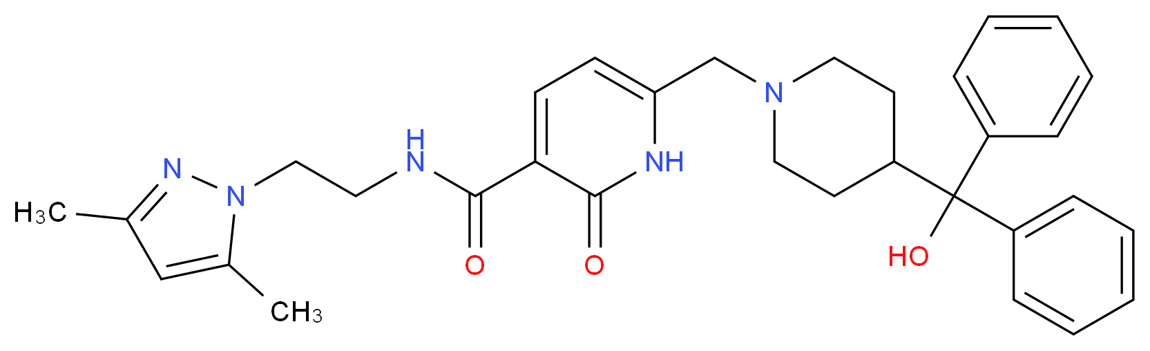 N-[2-(3,5-dimethyl-1H-pyrazol-1-yl)ethyl]-6-({4-[hydroxy(diphenyl)methyl]-1-piperidinyl}methyl)-2-oxo-1,2-dihydro-3-pyridinecarboxamide_分子结构_CAS_)