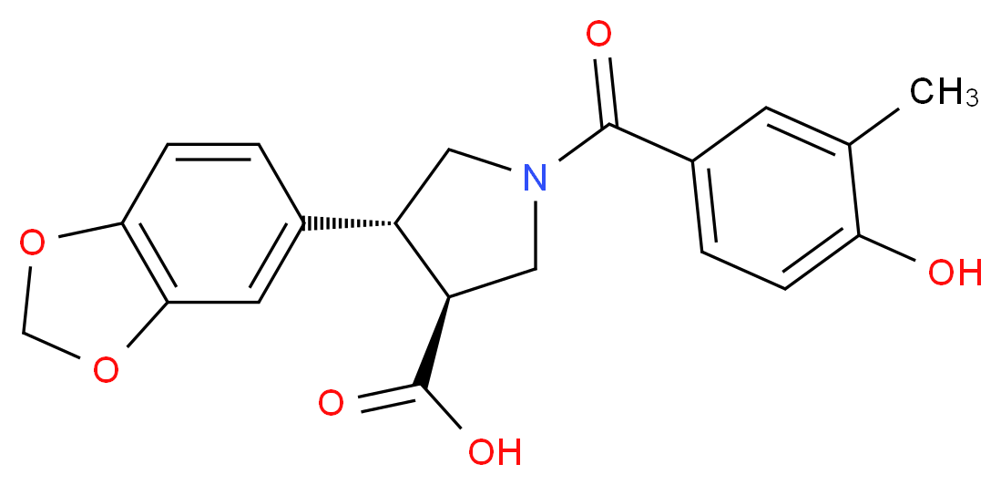 (3S*,4R*)-4-(1,3-benzodioxol-5-yl)-1-(4-hydroxy-3-methylbenzoyl)pyrrolidine-3-carboxylic acid_分子结构_CAS_)