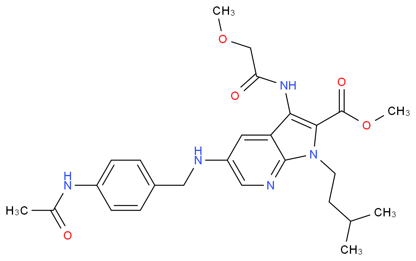 methyl 5-{[4-(acetylamino)benzyl]amino}-3-[(methoxyacetyl)amino]-1-(3-methylbutyl)-1H-pyrrolo[2,3-b]pyridine-2-carboxylate_分子结构_CAS_)