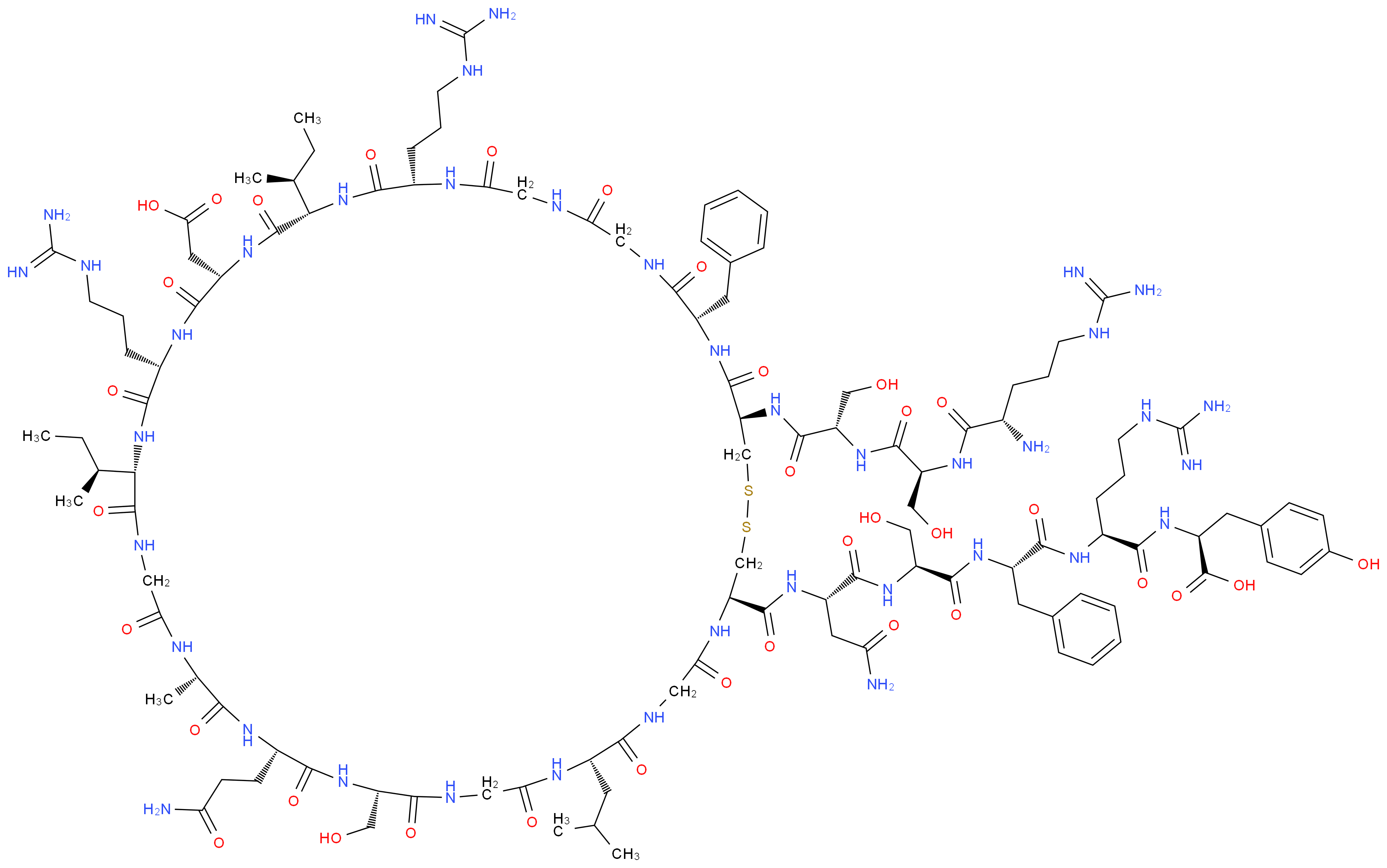 (2S)-2-[(2S)-2-[(2S)-2-[(2S)-2-[(2S)-2-{[(4R,10S,16S,19S,22S,28S,31S,34S,37S,40S,49S,52R)-52-[(2S)-2-[(2S)-2-[(2S)-2-amino-5-carbamimidamidopentanamido]-3-hydroxypropanamido]-3-hydroxypropanamido]-49-benzyl-28,37-bis[(2S)-butan-2-yl]-31,40-bis(3-carbamimidamidopropyl)-19-(2-carbamoylethyl)-34-(carboxymethyl)-16-(hydroxymethyl)-22-methyl-10-(2-methylpropyl)-6,9,12,15,18,21,24,27,30,33,36,39,42,45,48,51-hexadecaoxo-1,2-dithia-5,8,11,14,17,20,23,26,29,32,35,38,41,44,47,50-hexadecaazacyclotripentacontan-4-yl]formamido}-3-carbamoylpropanamido]-3-hydroxypropanamido]-3-phenylpropanamido]-5-carbamimidamidopentanamido]-3-(4-hydroxyphenyl)propanoic acid_分子结构_CAS_90052-57-6