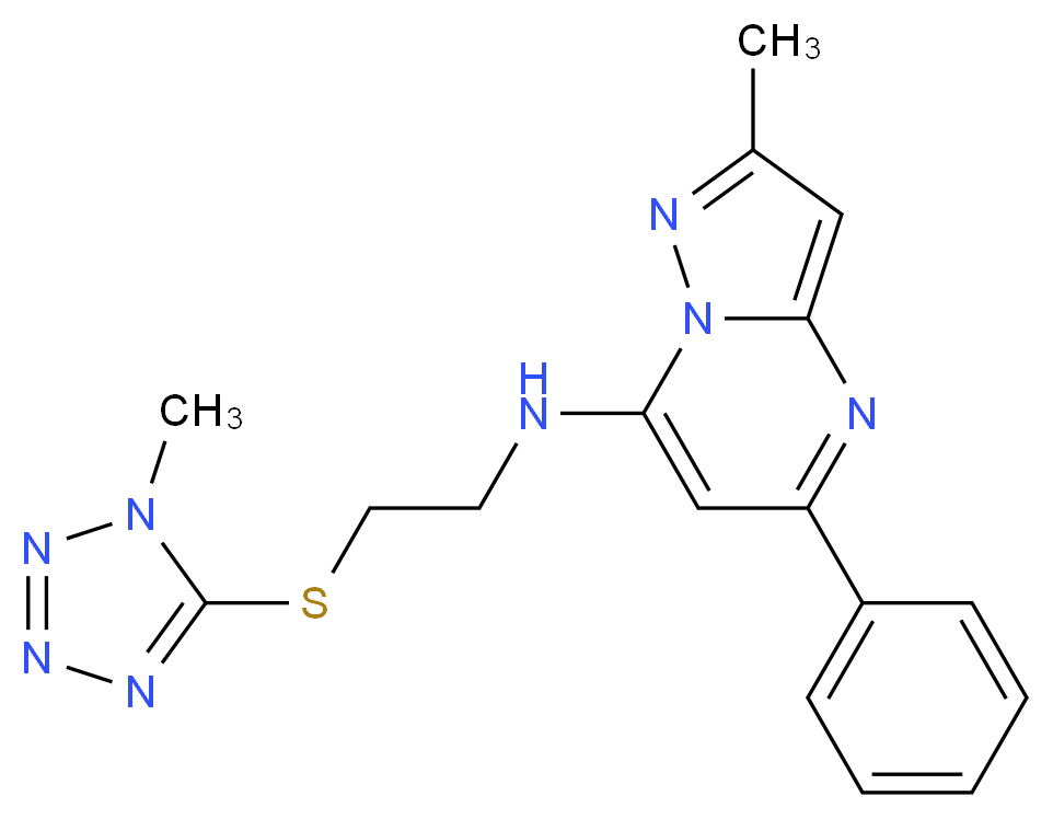 2-methyl-N-{2-[(1-methyl-1H-tetrazol-5-yl)thio]ethyl}-5-phenylpyrazolo[1,5-a]pyrimidin-7-amine_分子结构_CAS_)