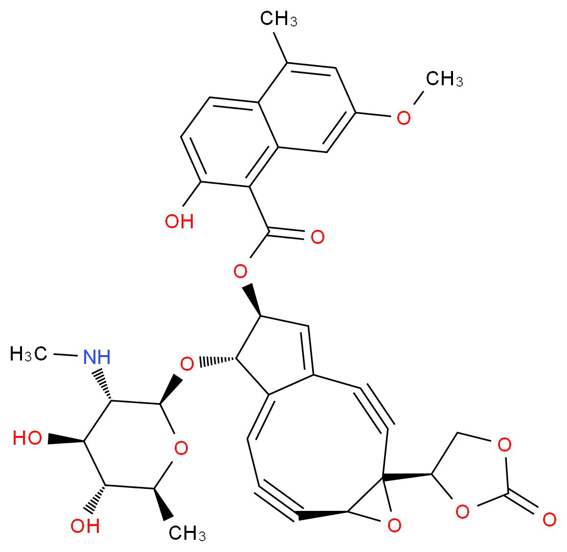 (6S,9E,11S,12S)-11-{[(2R,3S,4S,5R,6S)-4,5-dihydroxy-6-methyl-3-(methylamino)oxan-2-yl]oxy}-4-[(4R)-2-oxo-1,3-dioxolan-4-yl]-5-oxatricyclo[8.3.0.0^{4,6}]trideca-1(13),9-dien-2,7-diyn-12-yl 2-hydroxy-7-methoxy-5-methylnaphthalene-1-carboxylate_分子结构_CAS_81604-85-5