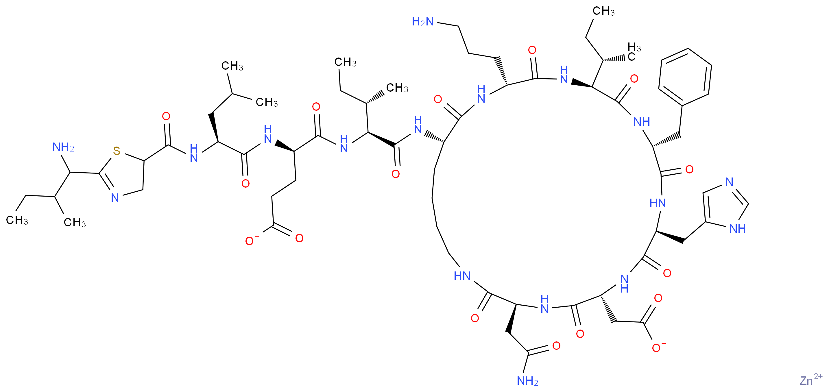 zinc(2+) ion (4R)-4-[(2S)-2-{[2-(1-amino-2-methylbutyl)-4,5-dihydro-1,3-thiazol-5-yl]formamido}-4-methylpentanamido]-4-{[(1S,2S)-1-{[(3S,6R,9S,12R,15S,18R,21S)-18-(3-aminopropyl)-12-benzyl-15-[(2S)-butan-2-yl]-3-(carbamoylmethyl)-6-(carboxylatomethyl)-9-(1H-imidazol-5-ylmethyl)-2,5,8,11,14,17,20-heptaoxo-1,4,7,10,13,16,19-heptaazacyclopentacosan-21-yl]carbamoyl}-2-methylbutyl]carbamoyl}butanoate_分子结构_CAS_1405-89-6