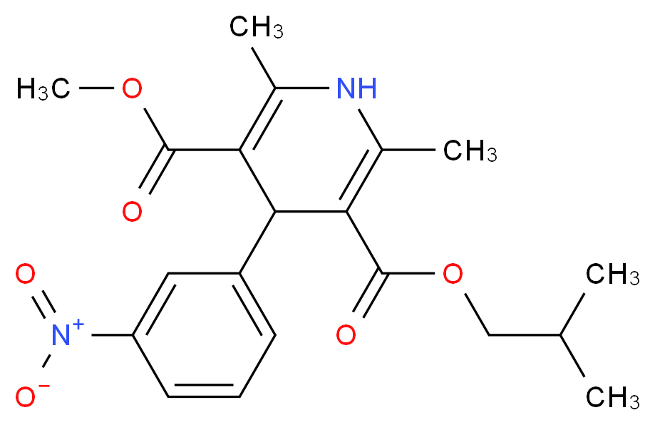 3-methyl 5-(2-methylpropyl) 2,6-dimethyl-4-(3-nitrophenyl)-1,4-dihydropyridine-3,5-dicarboxylate_分子结构_CAS_63675-72-9
