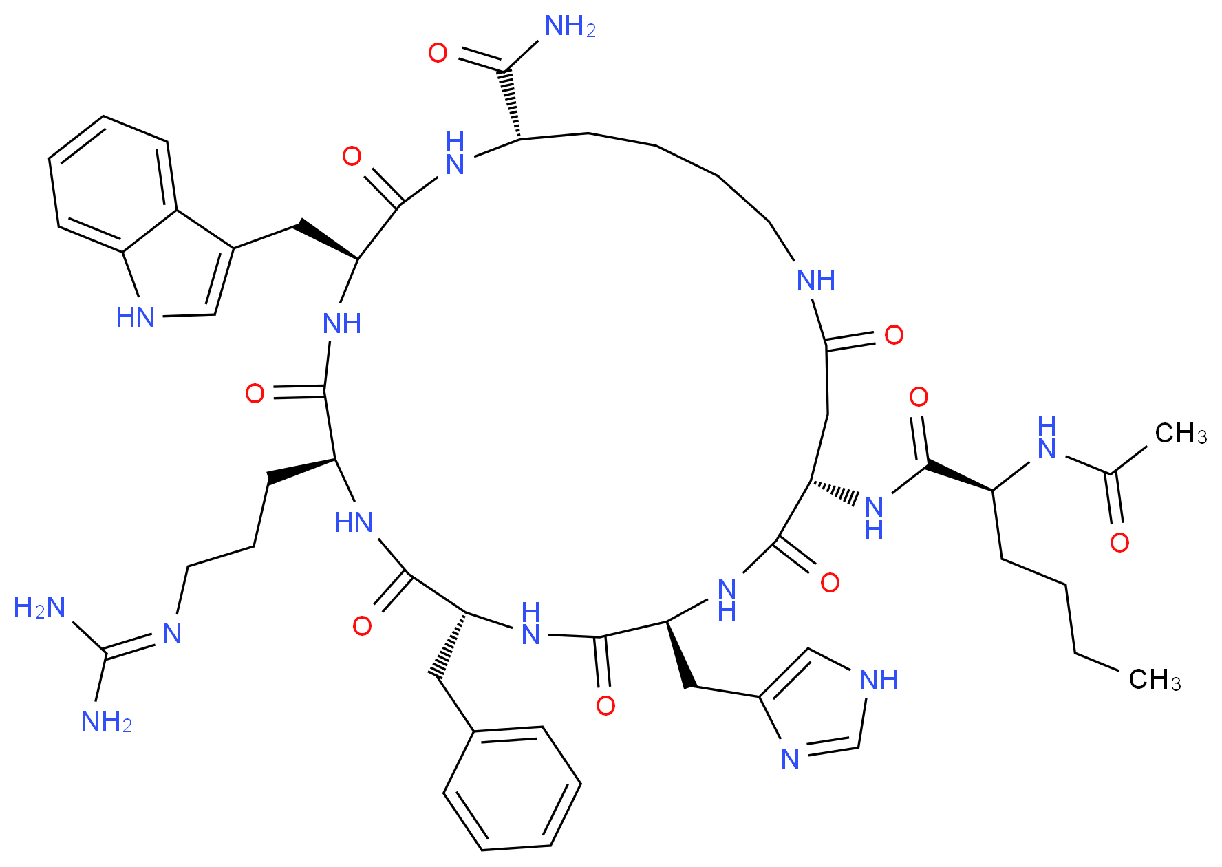 (3S,6S,9R,12S,15S,23S)-9-benzyl-6-{3-[(diaminomethylidene)amino]propyl}-15-[(2S)-2-acetamidohexanamido]-12-(1H-imidazol-4-ylmethyl)-3-(1H-indol-3-ylmethyl)-2,5,8,11,14,17-hexaoxo-1,4,7,10,13,18-hexaazacyclotricosane-23-carboxamide_分子结构_CAS_121062-08-6