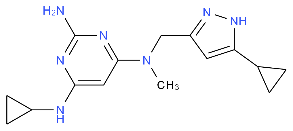 N~6~-cyclopropyl-N~4~-[(5-cyclopropyl-1H-pyrazol-3-yl)methyl]-N~4~-methylpyrimidine-2,4,6-triamine_分子结构_CAS_)