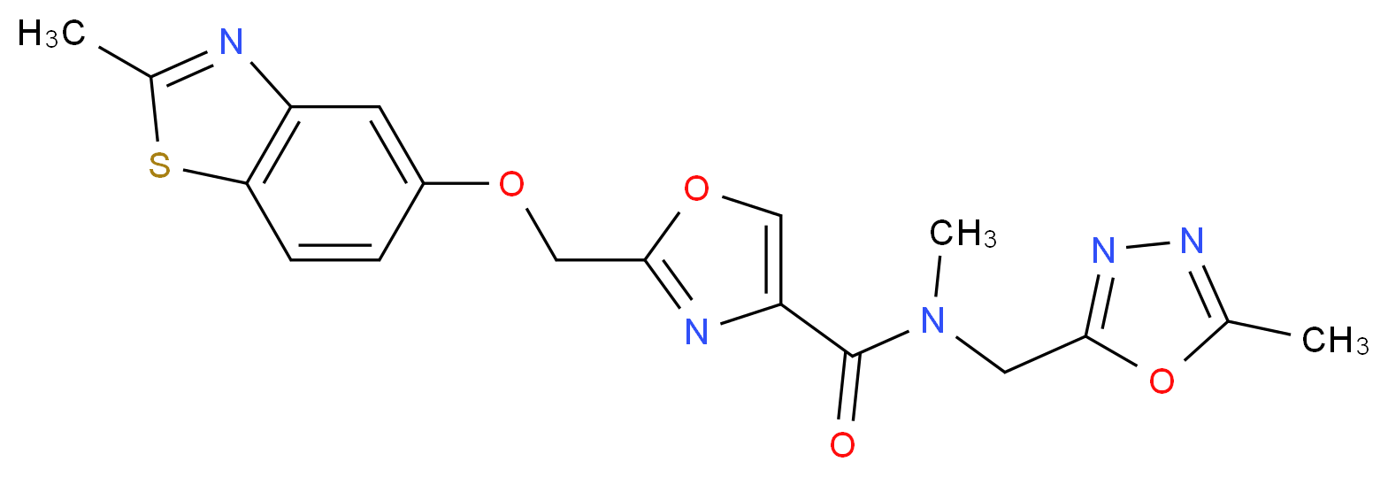 N-methyl-2-{[(2-methyl-1,3-benzothiazol-5-yl)oxy]methyl}-N-[(5-methyl-1,3,4-oxadiazol-2-yl)methyl]-1,3-oxazole-4-carboxamide_分子结构_CAS_)