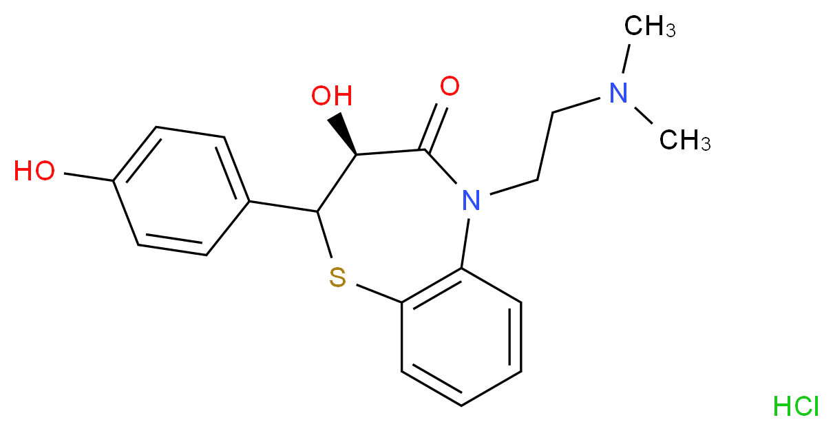 (3S)-5-[2-(dimethylamino)ethyl]-3-hydroxy-2-(4-hydroxyphenyl)-2,3,4,5-tetrahydro-1,5-benzothiazepin-4-one hydrochloride_分子结构_CAS_96252-32-3