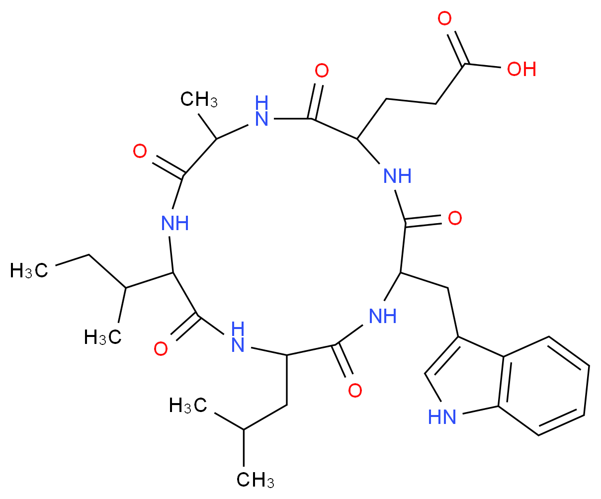 3-[8-(butan-2-yl)-14-(1H-indol-3-ylmethyl)-5-methyl-11-(2-methylpropyl)-3,6,9,12,15-pentaoxo-1,4,7,10,13-pentaazacyclopentadecan-2-yl]propanoic acid_分子结构_CAS_136553-74-7