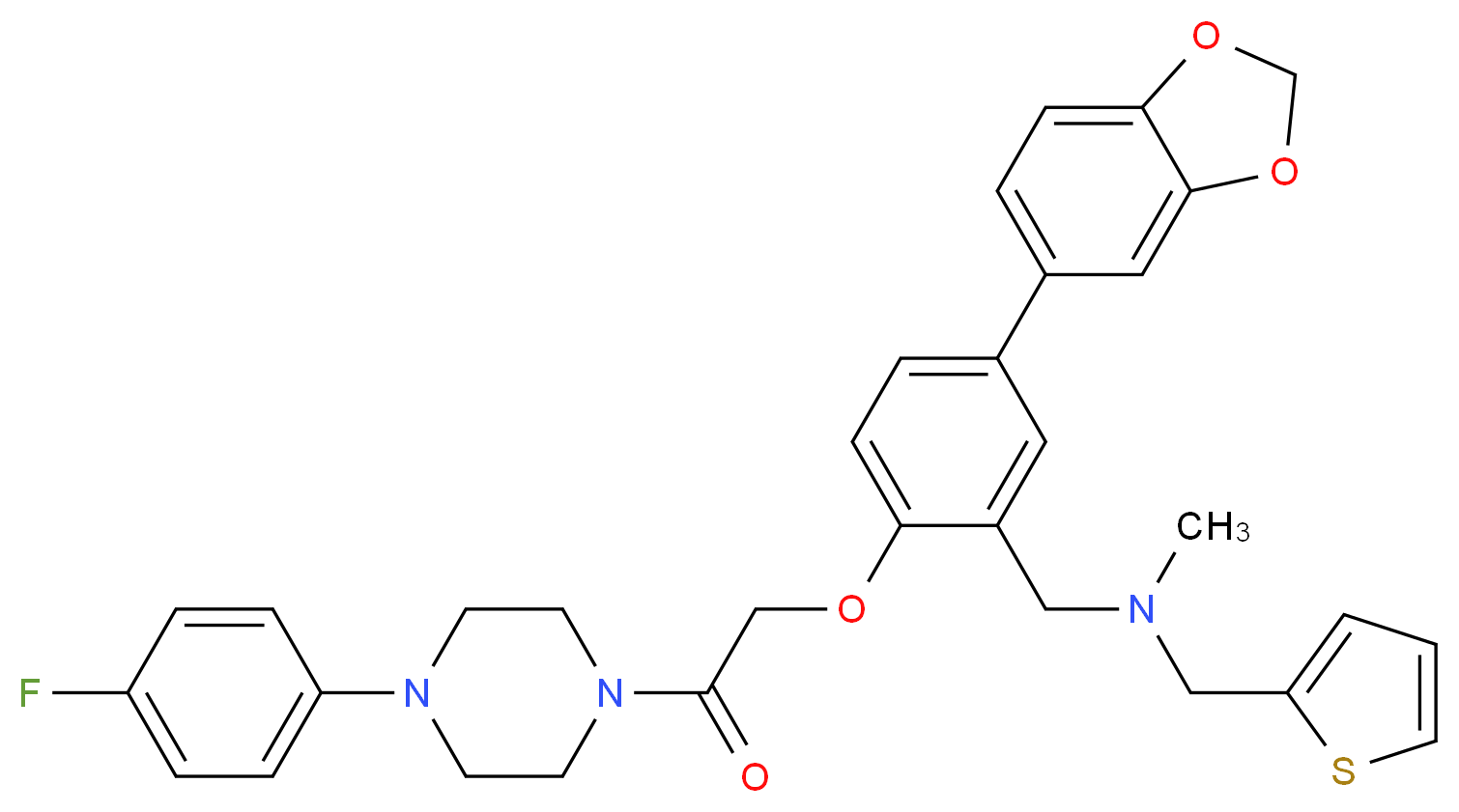 (5-(1,3-benzodioxol-5-yl)-2-{2-[4-(4-fluorophenyl)-1-piperazinyl]-2-oxoethoxy}benzyl)methyl(2-thienylmethyl)amine_分子结构_CAS_)